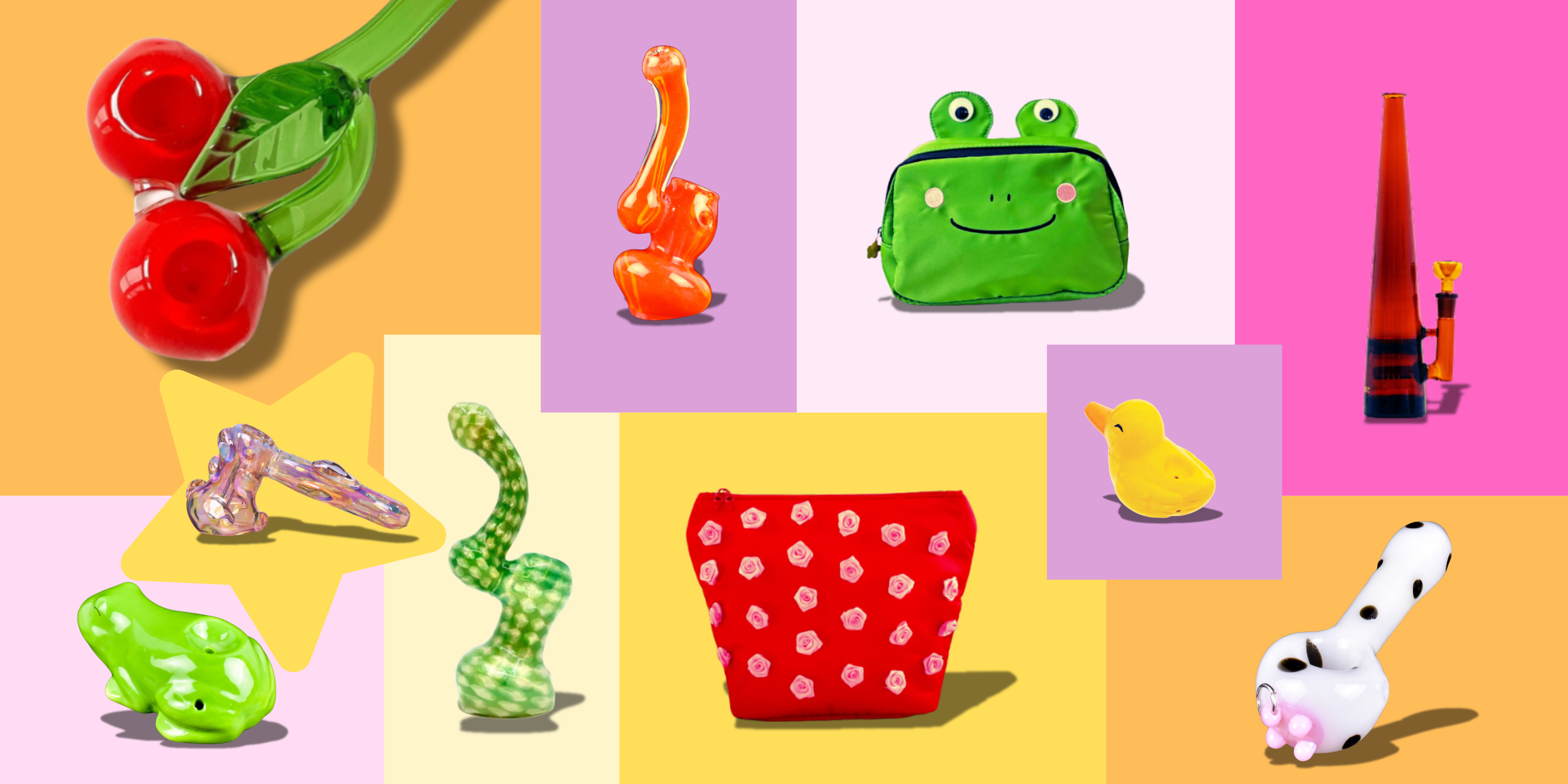 Collage of various small items including a green frog-shaped pouch, red polka dot bag, and other colorful objects on a multicolored background.